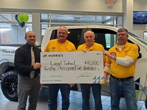 Lions clubs members hold large check.